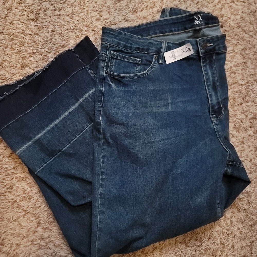 New York‎ & Company Wide Leg Jeans Women 20 Blue Released Raw Hem High Rise